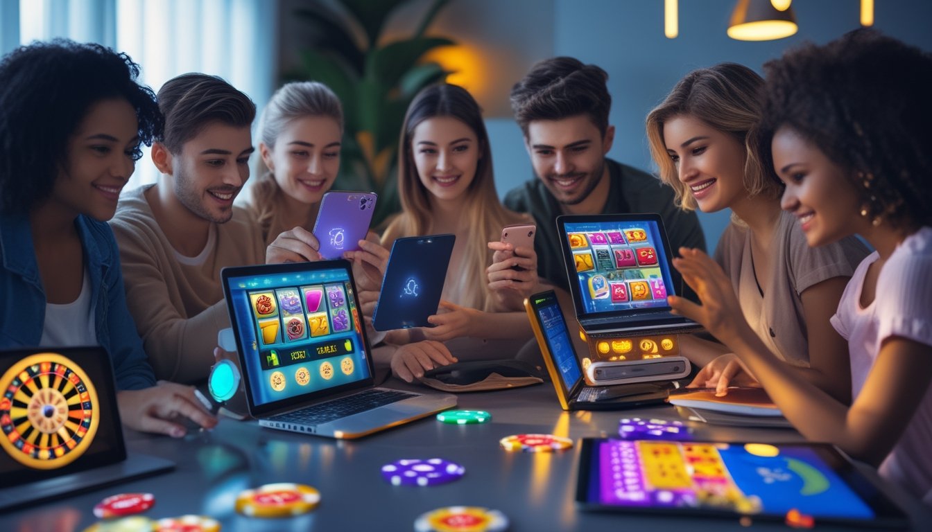 Sekelompok orang muda menggunakan perangkat digital untuk bermain permainan kasino online di ruang tamu modern yang nyaman.