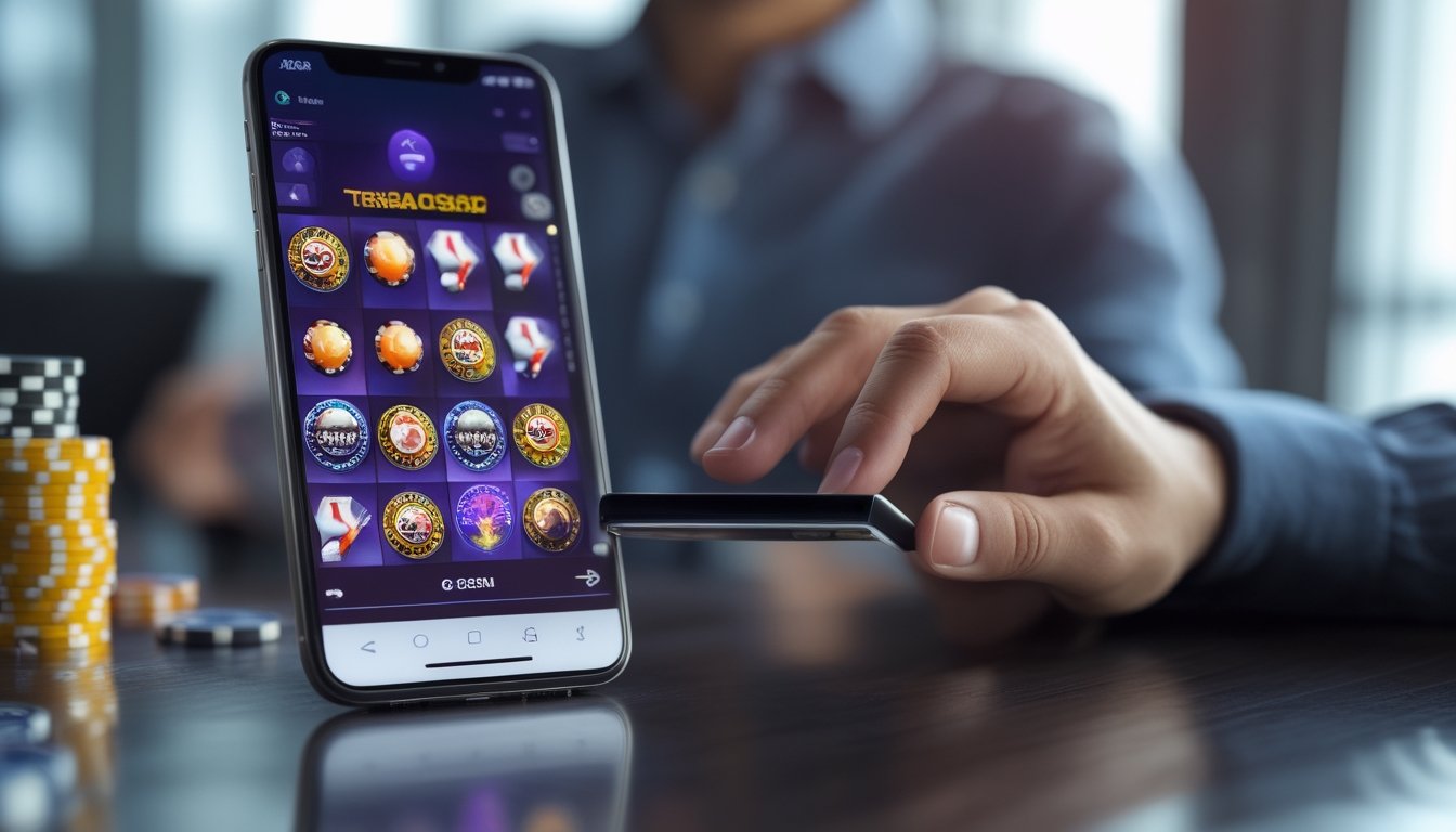Seseorang menggunakan ponsel untuk bermain permainan kasino online di lingkungan dalam ruangan yang nyaman.