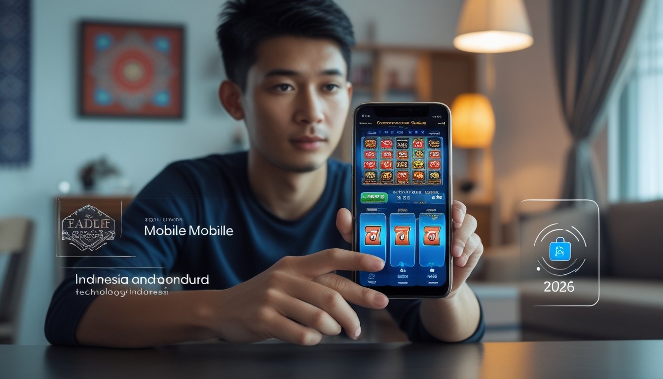 Seorang pengguna muda sedang menggunakan ponsel pintar dengan tampilan game kasino online di dalam ruangan yang nyaman dengan dekorasi tradisional Indonesia.