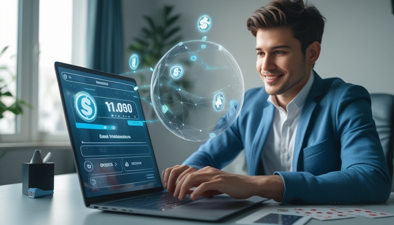 Seseorang sedang menggunakan laptop di ruang kerja modern dengan layar holografik menampilkan simbol transaksi keuangan kasino online.