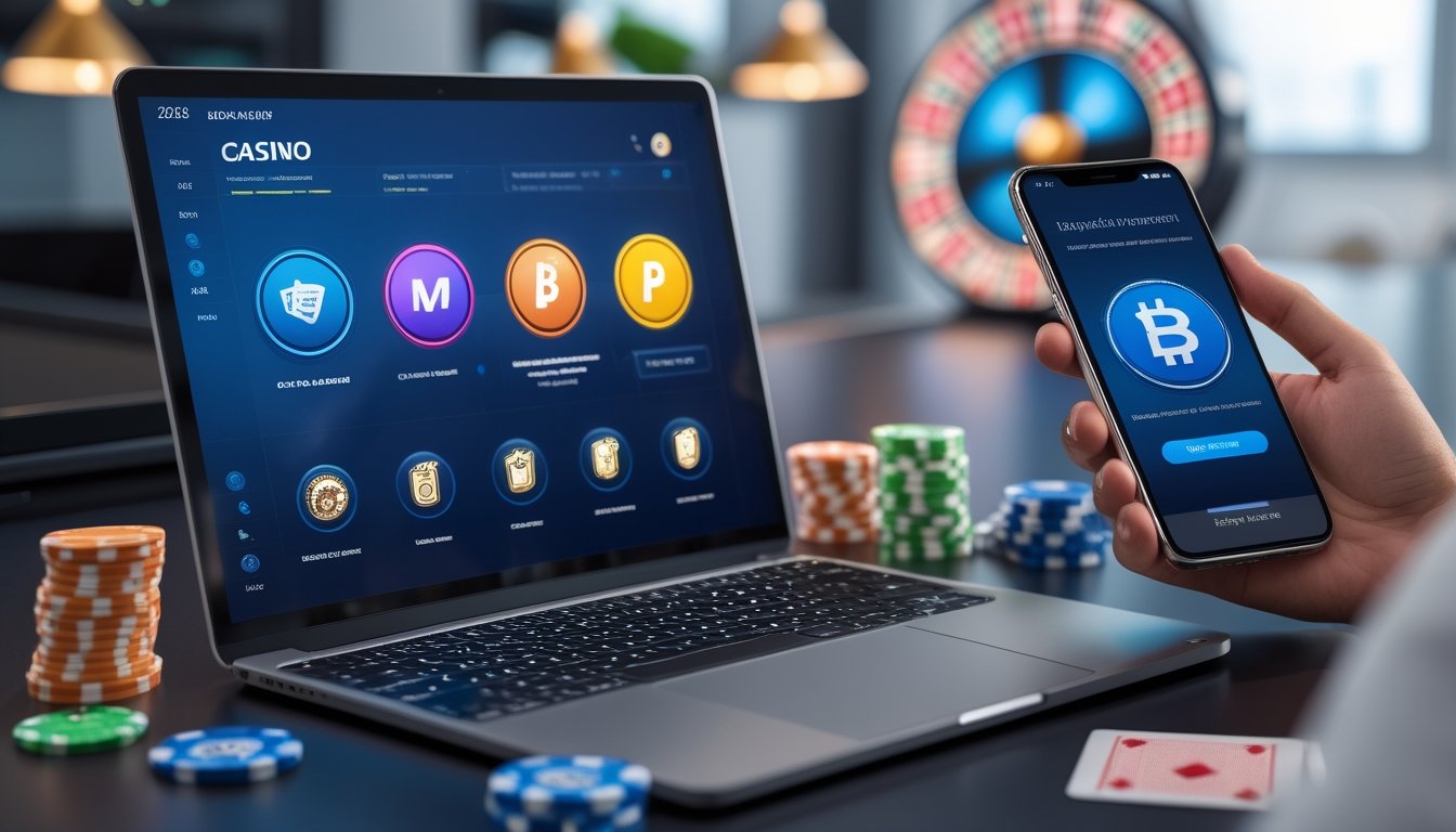 Seseorang menggunakan laptop dan ponsel untuk melakukan transaksi pembayaran di situs casino online dengan ikon metode pembayaran populer di layar.