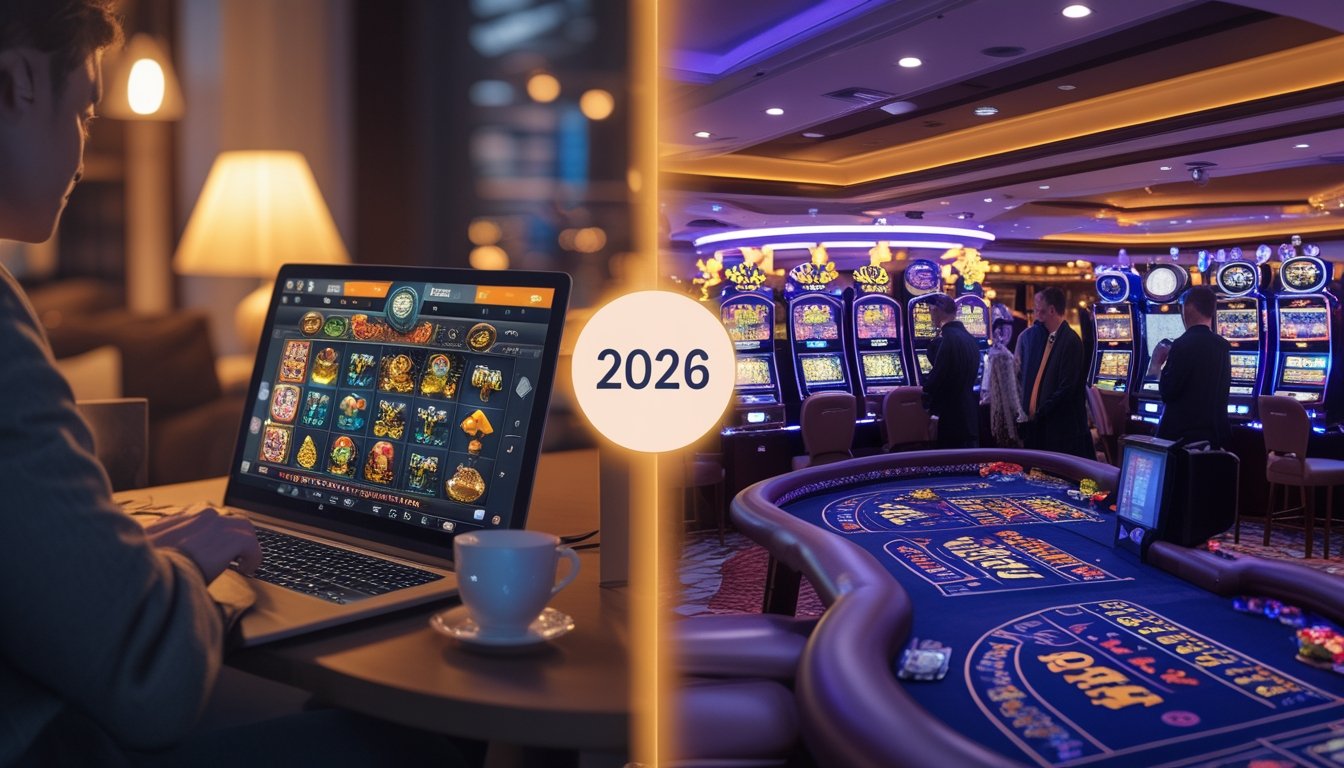 Seseorang bermain permainan kasino online di rumah yang nyaman di sebelah kiri, dan suasana kasino fisik yang mewah dengan mesin slot dan meja poker di sebelah kanan.