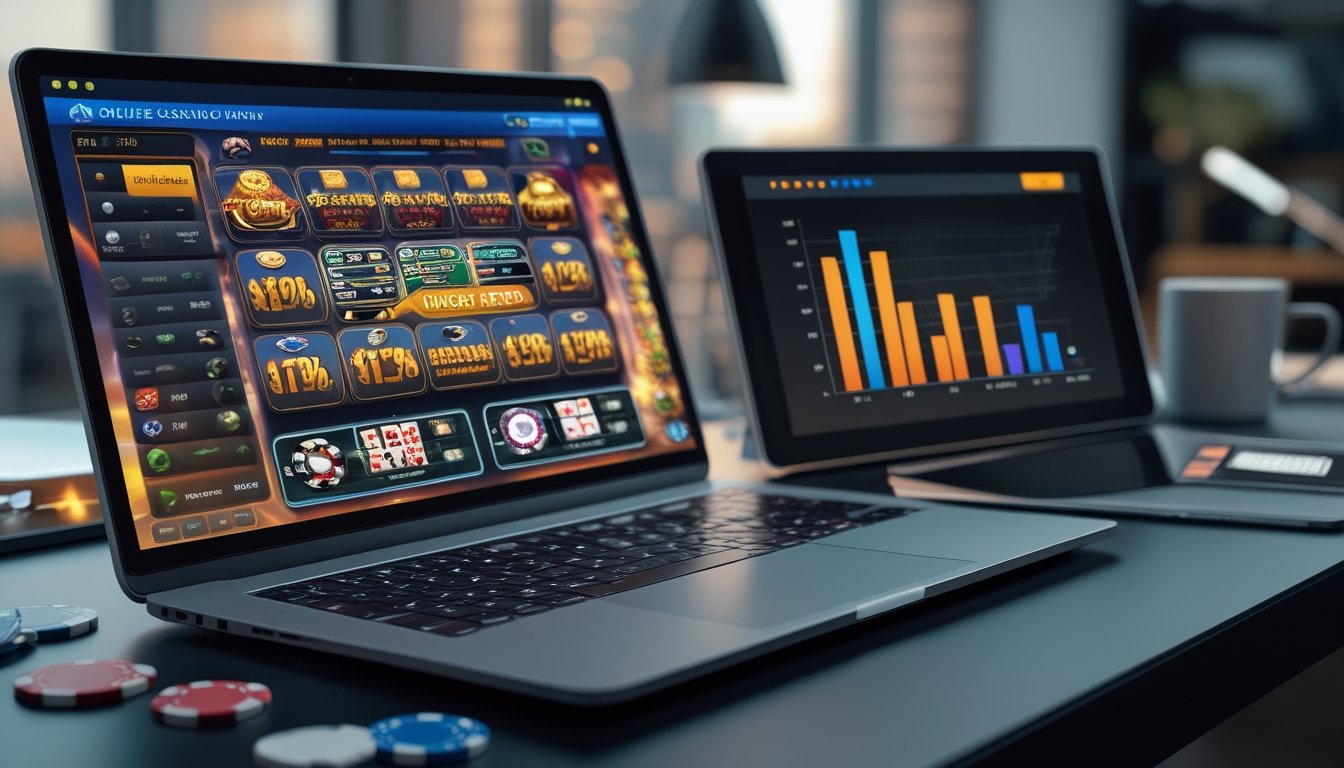 Seorang pemain menggunakan laptop dan tablet yang menampilkan permainan kasino online dan grafik persentase RTP, dengan latar belakang meja kerja yang rapi dan beberapa chip poker serta kartu bermain.