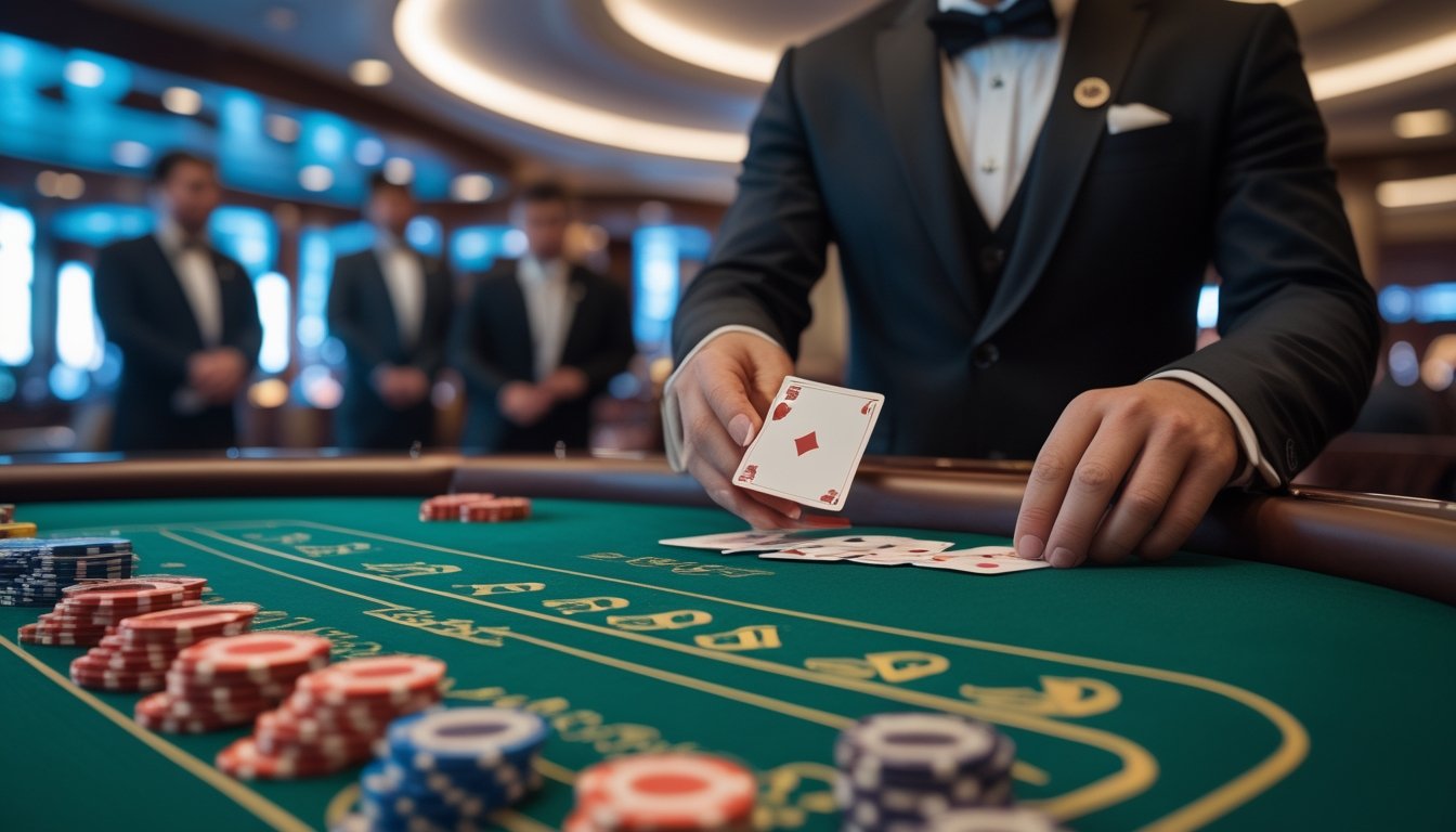 Seorang dealer membagikan kartu di meja baccarat dengan tumpukan chip dan pemain yang memperhatikan di latar belakang kasino.