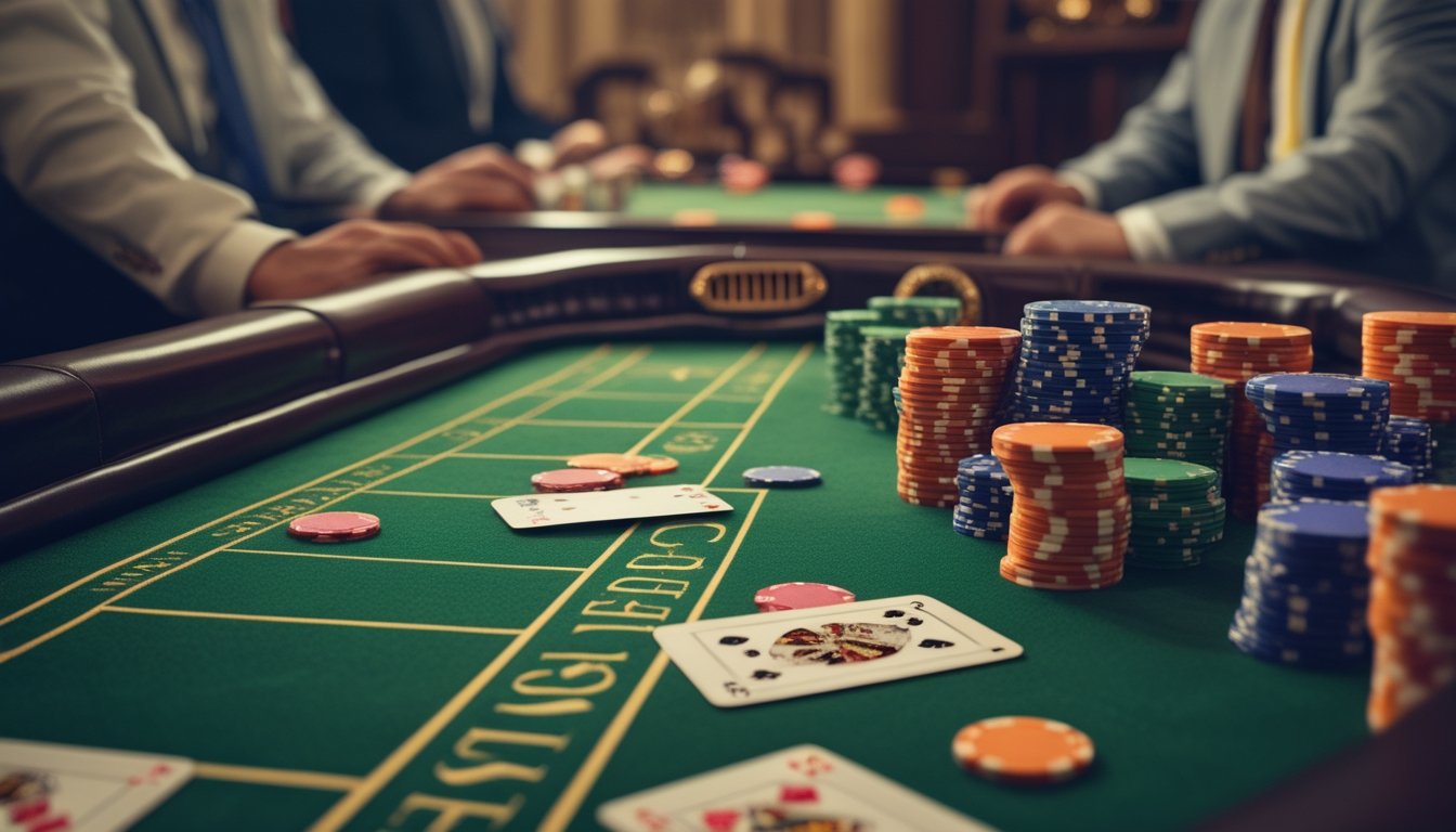 Meja baccarat klasik dengan kartu dan chip poker di kasino mewah, pemain berpakaian rapi bermain di latar belakang.
