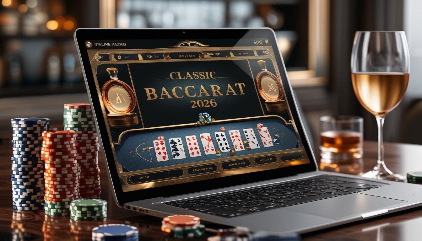 Meja baccarat digital dengan kartu dan chip di depan perangkat modern dalam suasana kasino mewah.