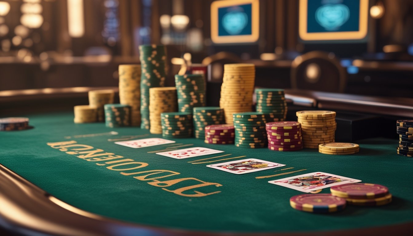Meja baccarat klasik dengan kartu dan chip poker di kasino online yang mewah.