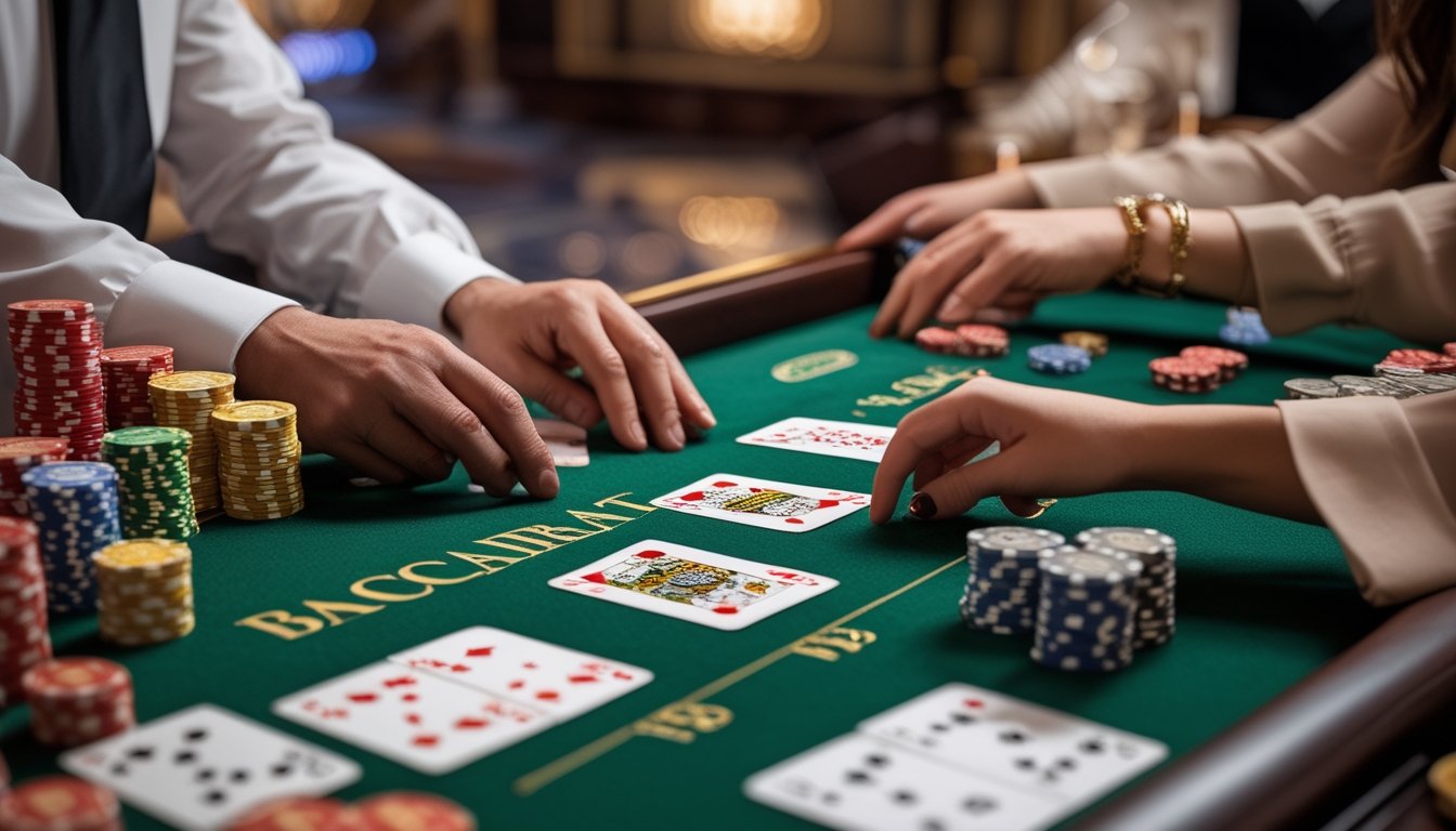 Meja permainan baccarat klasik dengan kartu dan chip kasino, dua tangan sedang bermain di kasino.