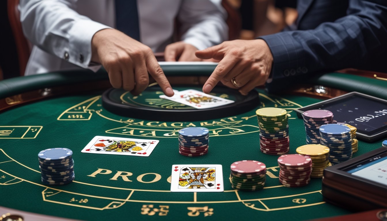 Meja permainan baccarat dengan kartu dan tumpukan chip kasino, dua tangan sedang berinteraksi di atas meja, menunjukkan suasana perhitungan peluang kemenangan.