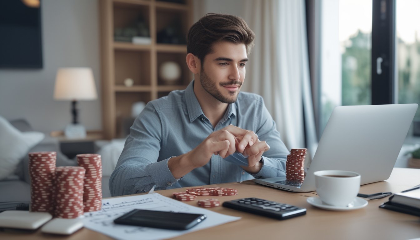 Seorang pria muda sedang mengatur modal dan bermain baccarat klasik online di depan laptop di ruang kerja yang rapi.