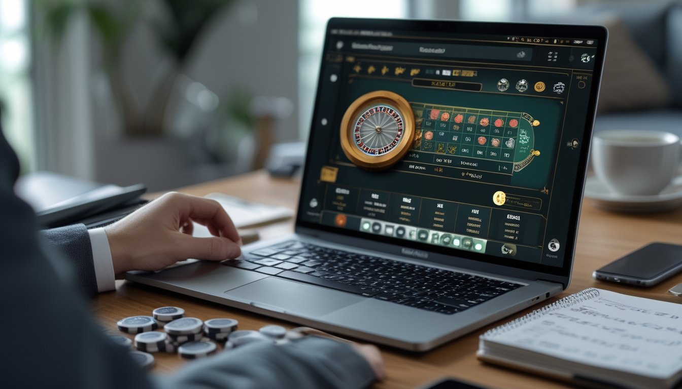 Seseorang sedang mengelola modal saat bermain baccarat klasik online di depan laptop dengan tumpukan chip dan catatan di meja.