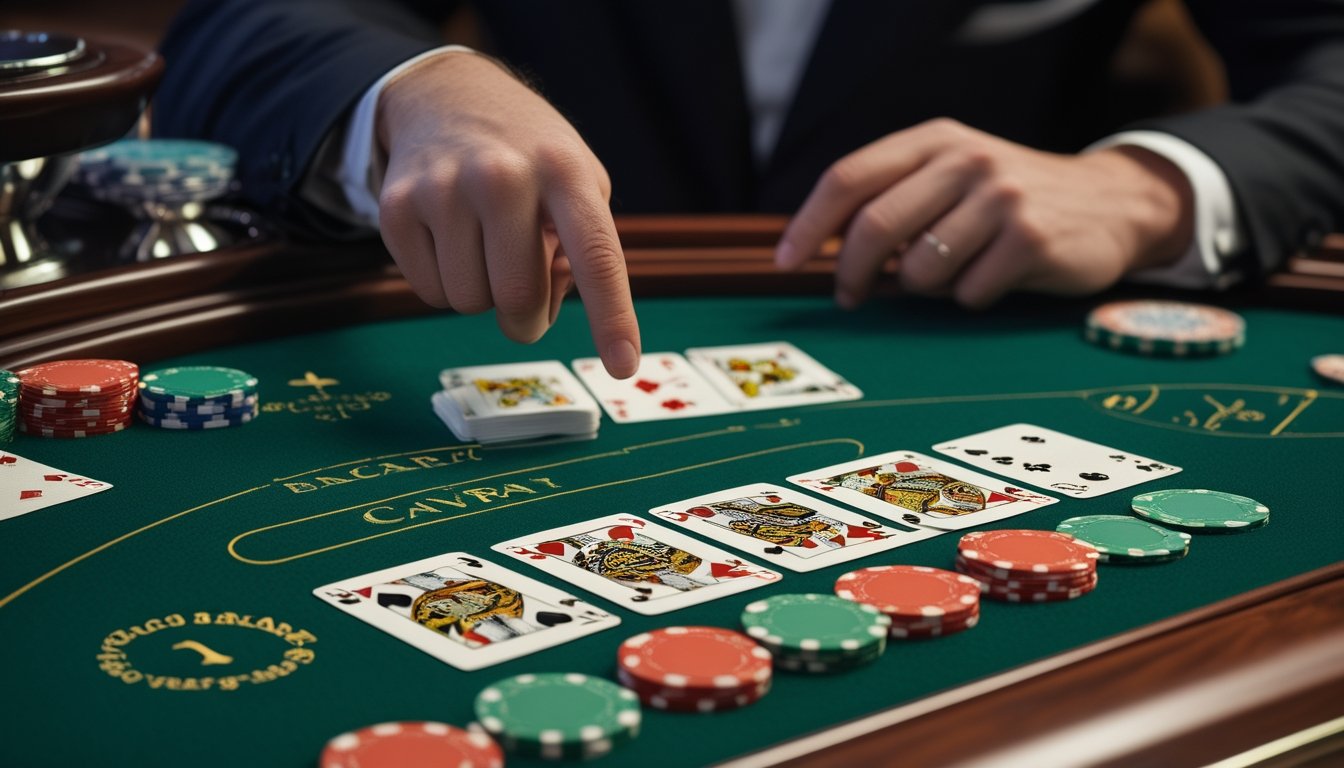 Seorang pemain sedang mengamati kartu pada meja baccarat klasik di kasino.