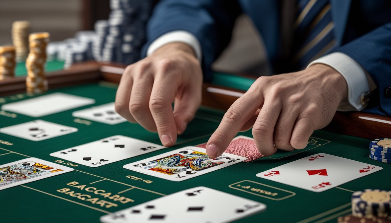 Tangan seseorang menunjuk kartu di meja baccarat dengan kartu dan chip di sekitar.