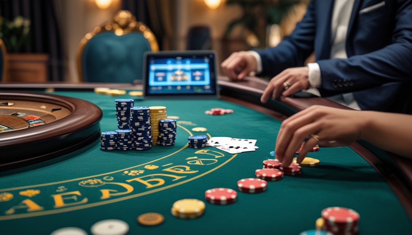 Meja baccarat klasik dengan kartu dan chip, seseorang sedang bermain baccarat online menggunakan laptop di kasino yang nyaman dan aman.