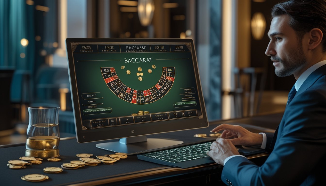 Seorang pemain berpenampilan rapi sedang bermain Baccarat klasik di kasino online dengan latar belakang suasana kasino yang nyaman dan aman.