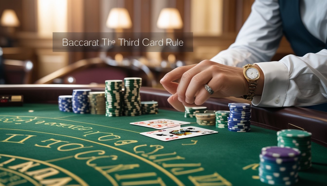 Meja baccarat dengan kartu dan chip sedang dimainkan, tangan dealer sedang mengambil kartu ketiga.
