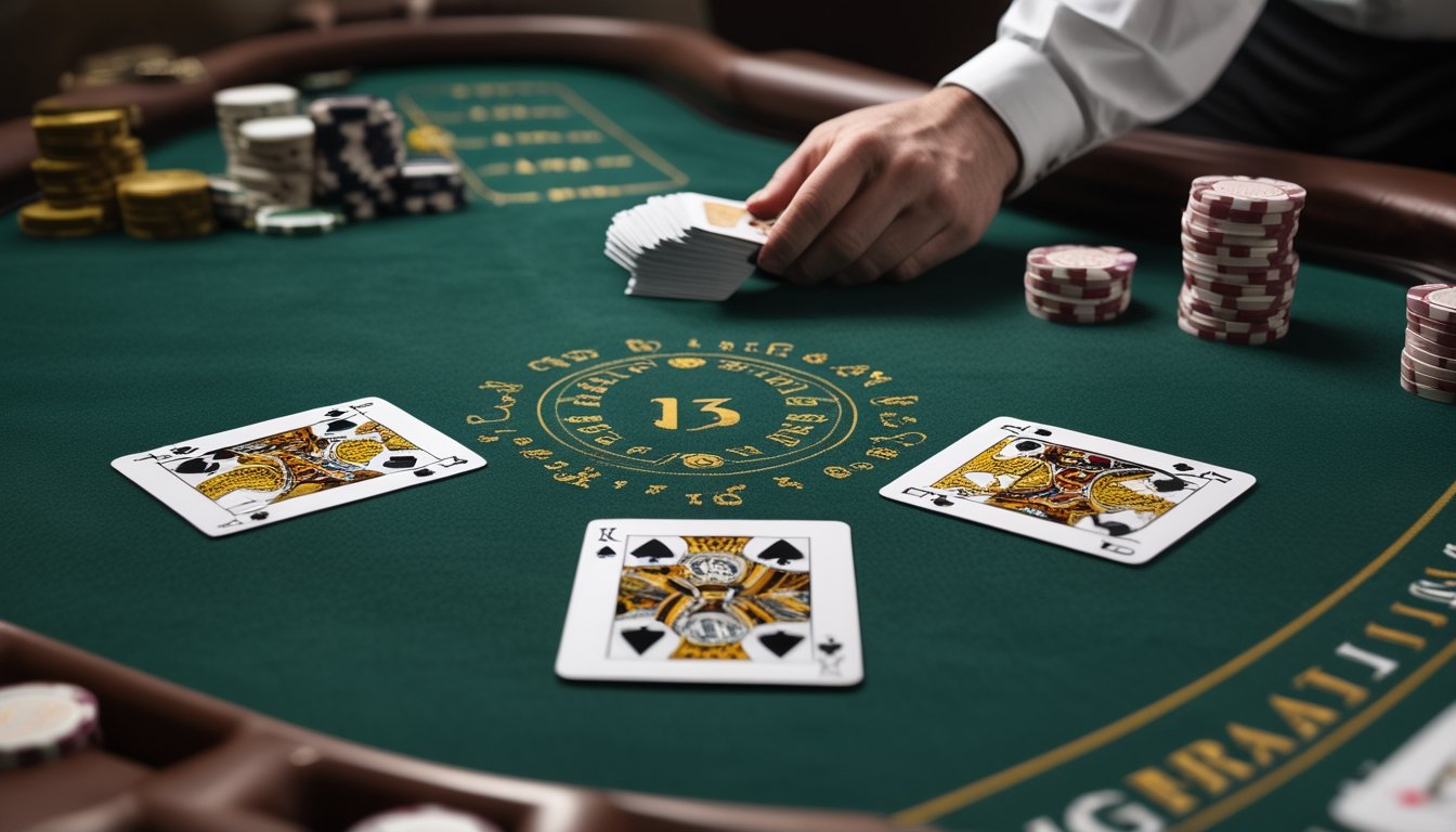 Meja kasino dengan tiga kartu permainan baccarat klasik yang ditata rapi di atas kain hijau, dengan tumpukan chip dan tangan dealer yang sedang menempatkan kartu ketiga.