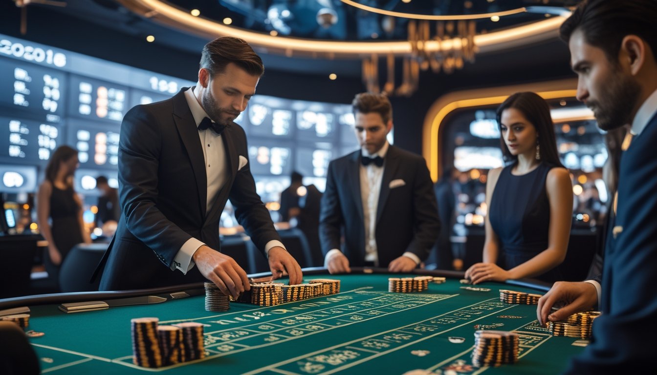 Seorang dealer dan pemain berpakaian rapi sedang bermain baccarat klasik di meja kasino dengan suasana modern dan lampu terang.