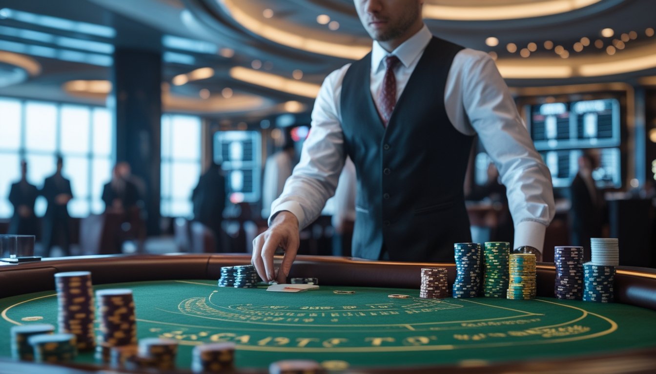 Seorang dealer di meja baccarat dengan tumpukan chip dan kartu, dikelilingi oleh pemain yang memperhatikan permainan di kasino.
