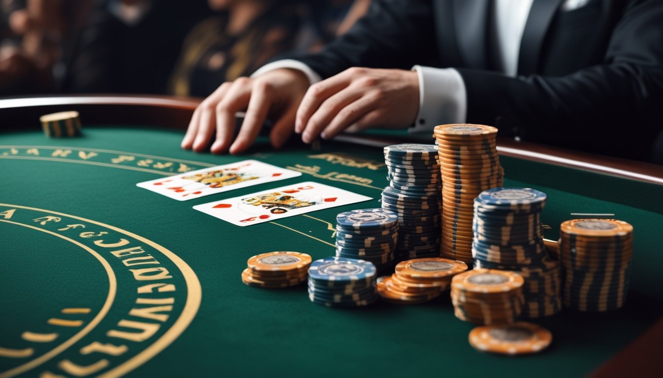 Meja baccarat dengan kartu dan chip kasino, dealer berpakaian rapi sedang mengawasi permainan.