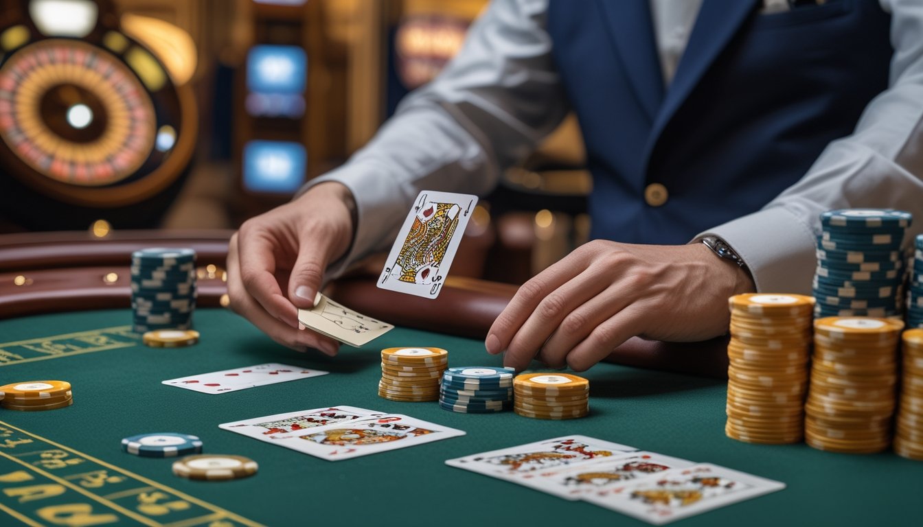 Meja baccarat klasik dengan kartu dan chip kasino, tangan dealer sedang membagikan kartu.
