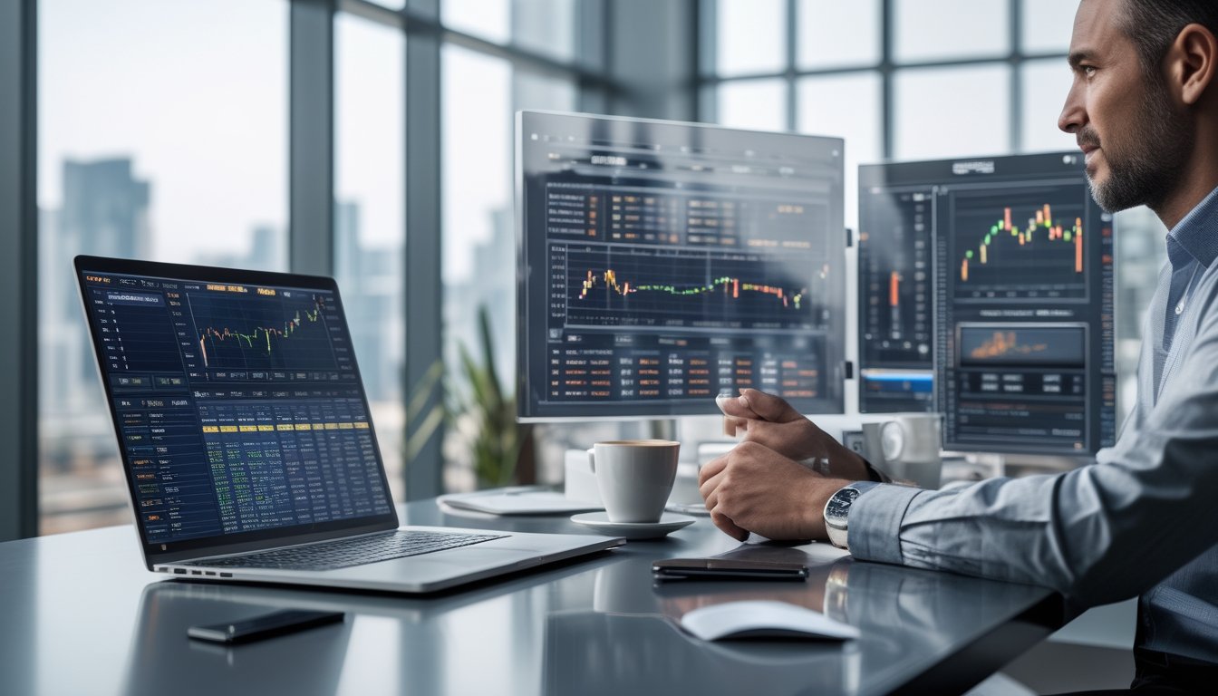 Seorang profesional sedang menganalisis data di depan layar digital di kantor modern dengan pemandangan kota di latar belakang.