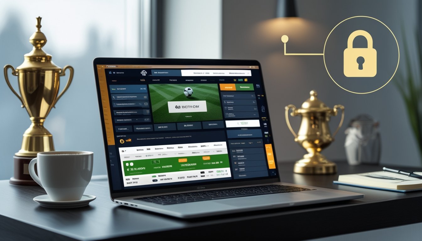 Sebuah ruang kerja modern dengan laptop yang menampilkan antarmuka taruhan sepak bola online dan elemen yang melambangkan kepercayaan dan keamanan.