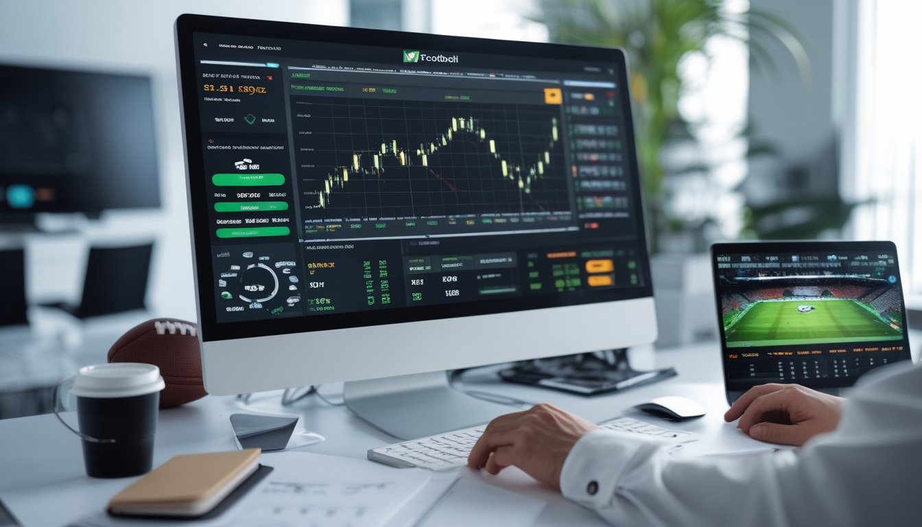 Seorang pria sedang menganalisis data pertandingan sepak bola di depan komputer di ruang kerja modern.