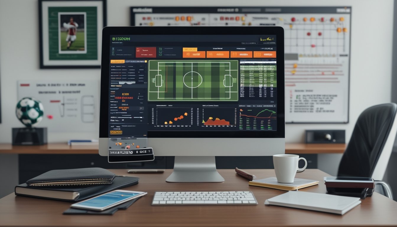 Seorang analis olahraga di ruang kerja dengan komputer menampilkan statistik dan formasi sepak bola, papan tulis dengan catatan strategi, dan perlengkapan kerja lainnya.