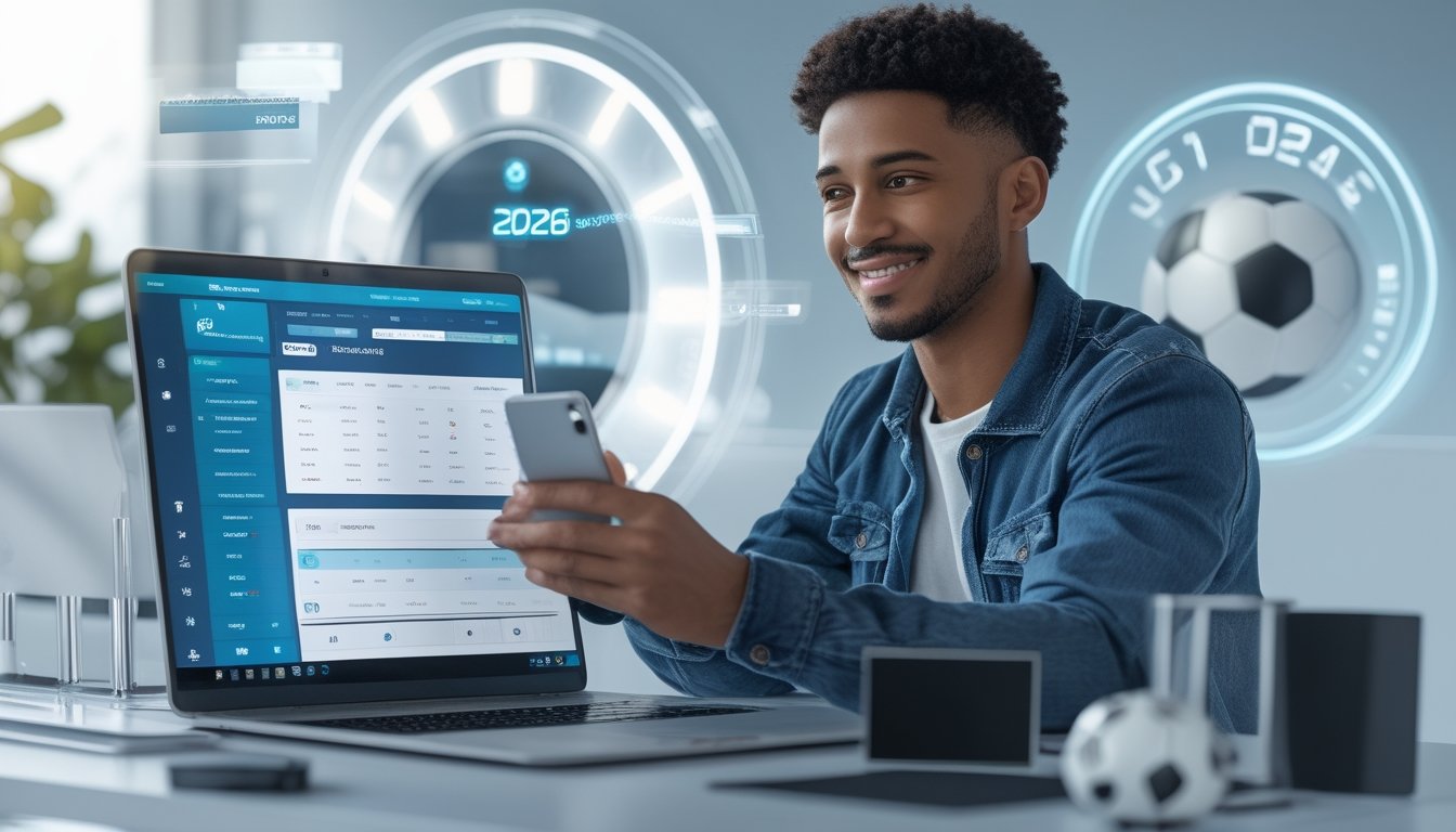 Seseorang sedang menggunakan laptop dan smartphone untuk melakukan deposit di situs judi bola dengan latar belakang peralatan olahraga dan elemen teknologi modern.