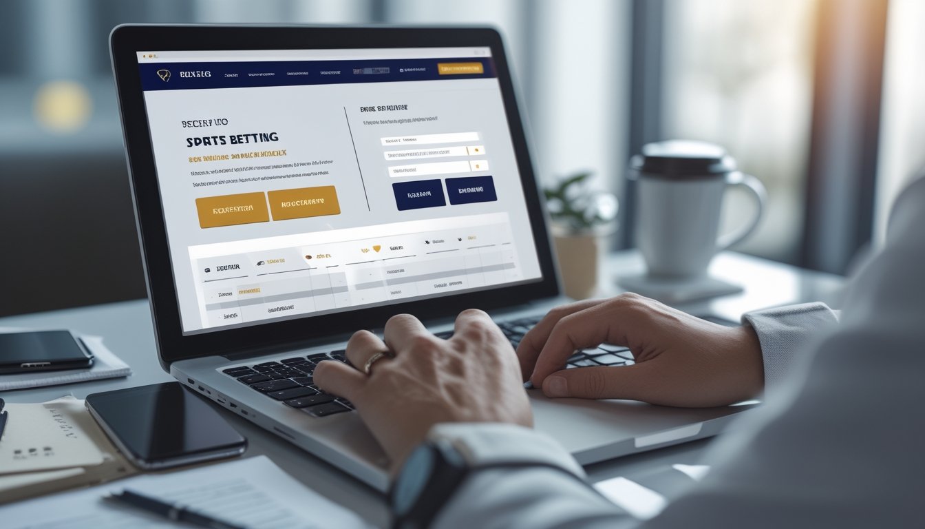 Seorang pengguna laptop sedang mengakses situs judi bandar bola resmi dengan tampilan pendaftaran dan deposit, di meja kerja yang rapi dengan ponsel dan secangkir kopi.