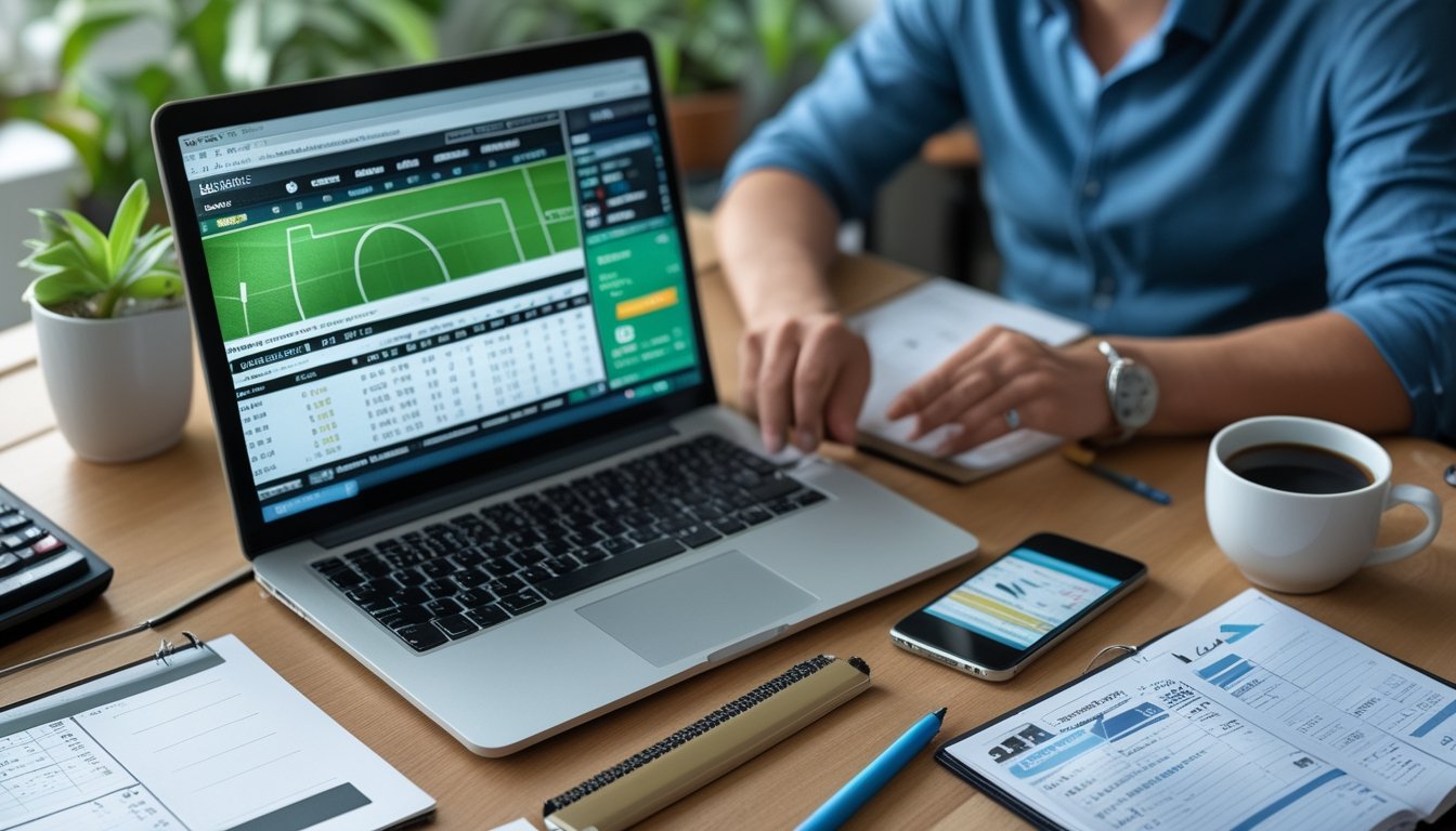 Seorang individu sedang bekerja di depan laptop dengan tampilan situs taruhan bola online, dikelilingi alat tulis dan kalkulator di meja kerja.