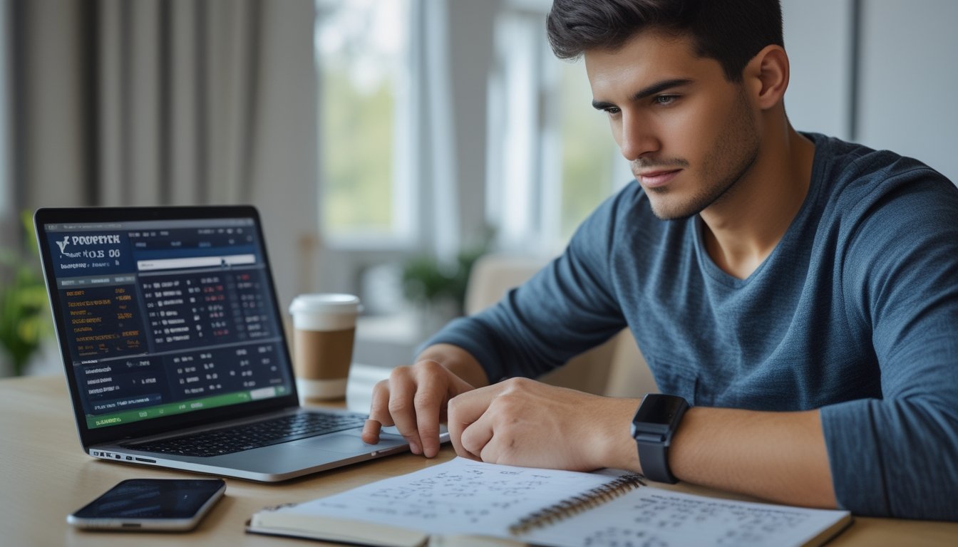 Seorang pria muda duduk di meja dengan laptop, buku catatan, dan ponsel, sedang fokus mengelola modal taruhan judi bola online.