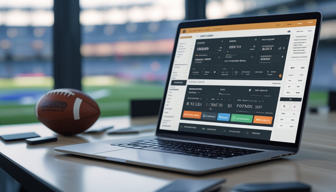 Seorang pengguna melihat layar komputer yang menampilkan berbagai jenis taruhan bola online dengan latar belakang bola sepak dan suasana ruang kerja modern.