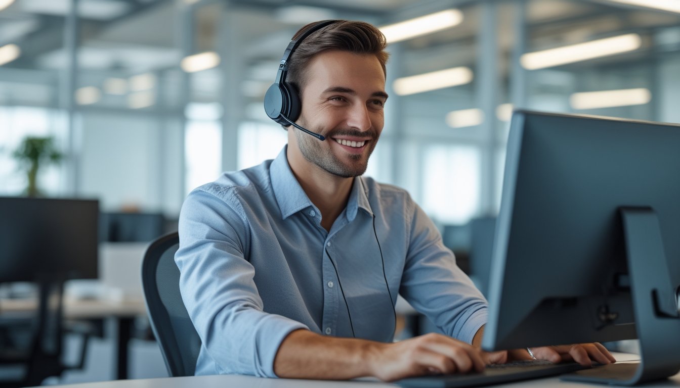 Seorang pria mengenakan headset sedang melayani pelanggan di kantor pusat layanan dengan beberapa meja kerja di latar belakang.