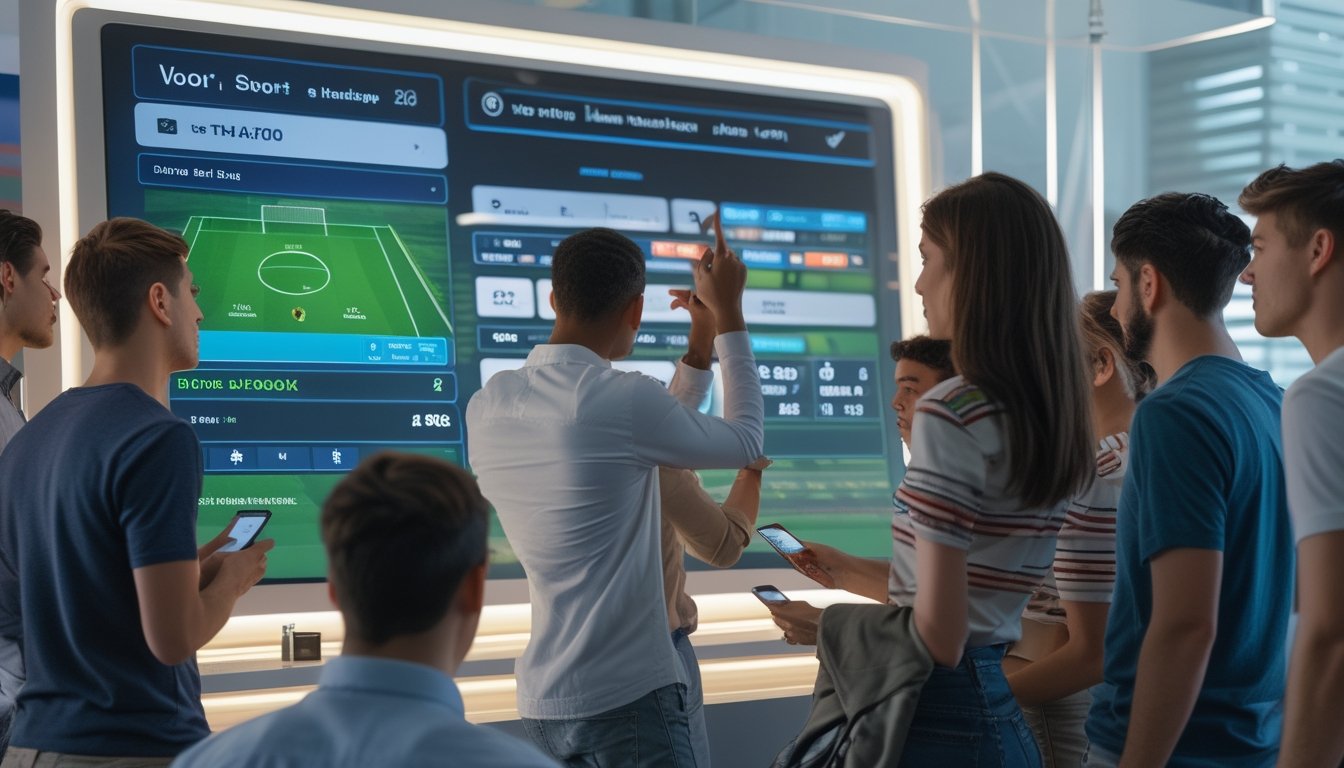 Sekelompok orang muda sedang melihat layar digital besar yang menampilkan pertandingan sepak bola dan opsi taruhan dengan fokus pada handicap dalam suasana ruang taruhan modern.