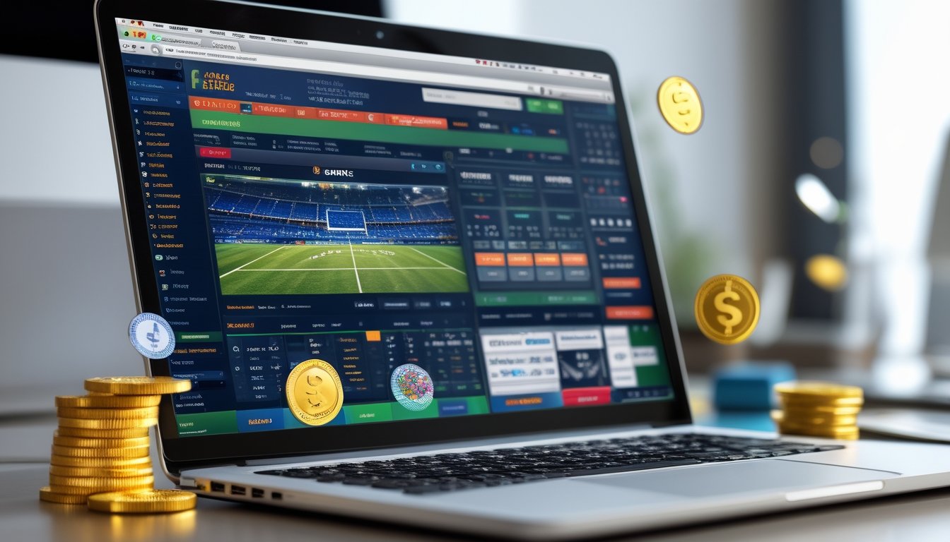 Sebuah komputer menampilkan situs taruhan sepak bola dengan koin dan chip taruhan di sekitar meja yang rapi.