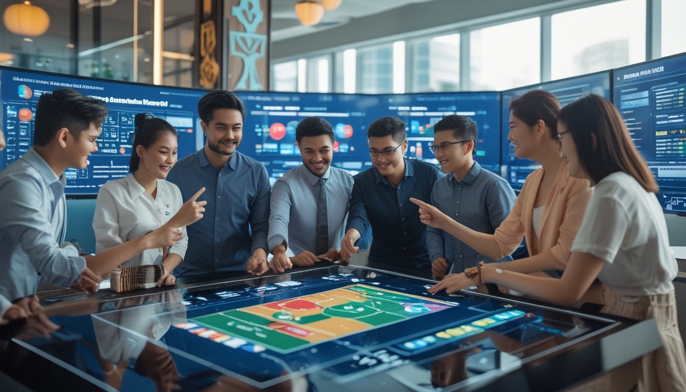 Sekelompok orang muda sedang berdiskusi di ruang kantor modern dengan layar besar menampilkan grafik dan data terkait taruhan bola online.