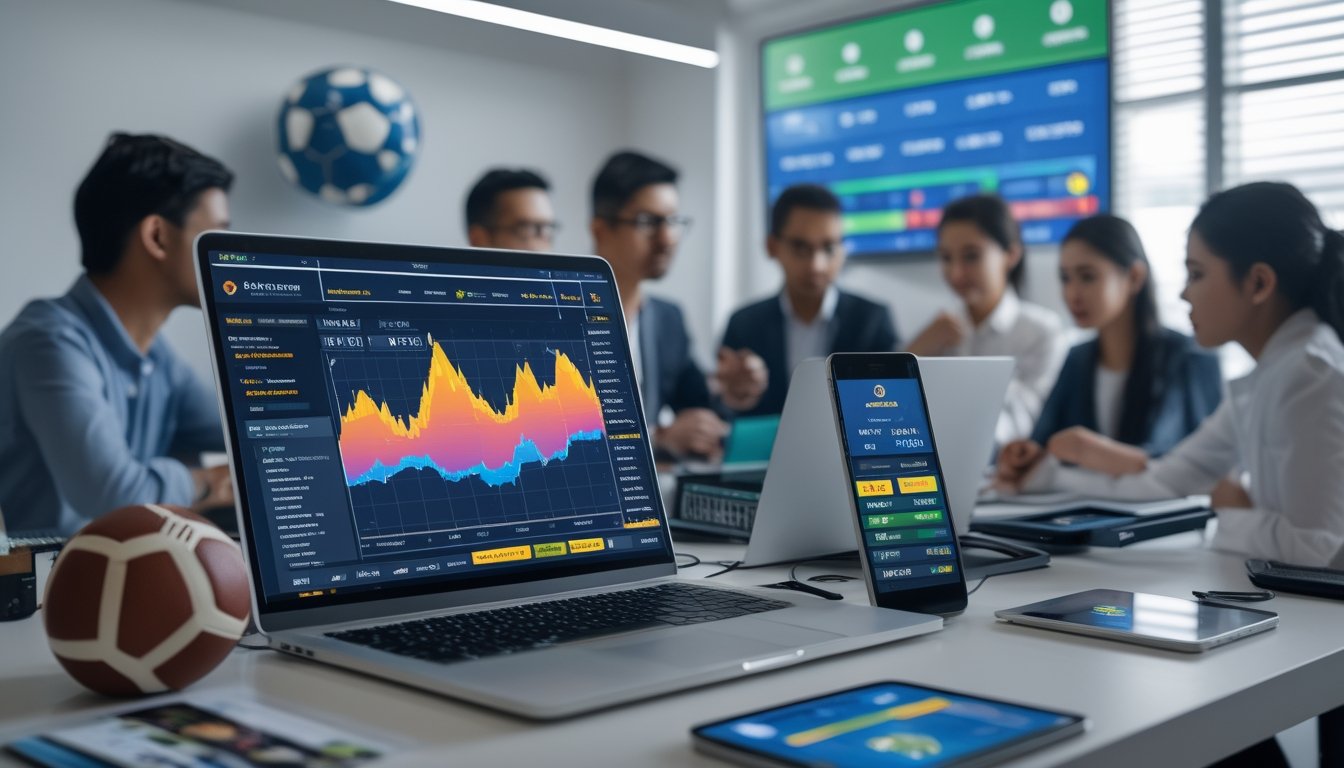 Beberapa orang muda Indonesia sedang berdiskusi di ruang kerja modern dengan laptop dan perangkat digital yang menampilkan data taruhan bola online.