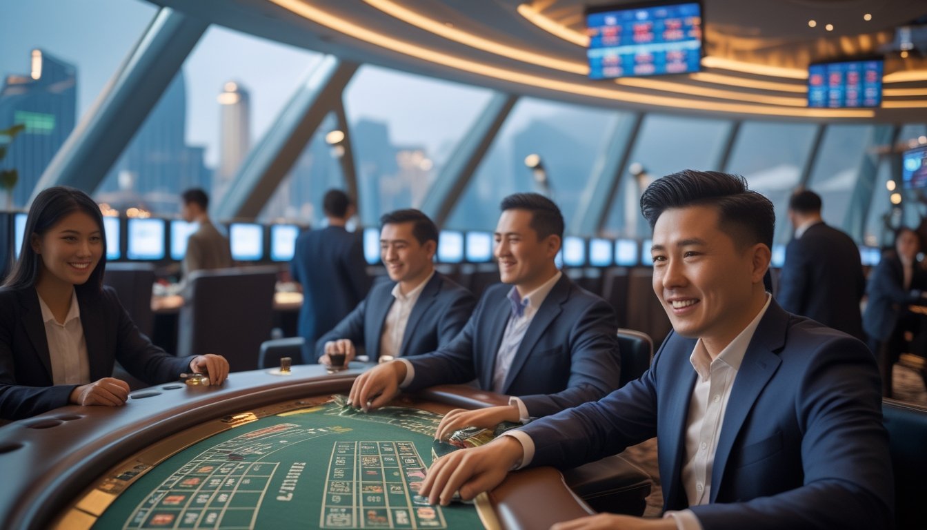 Suasana kasino modern di Macau dengan orang-orang bermain judi dan pemandangan kota di latar belakang.
