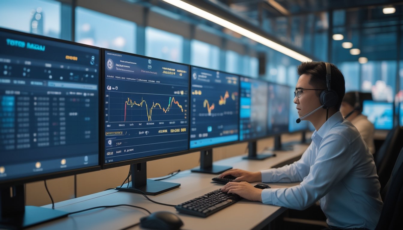 Suasana ruang kerja modern dengan beberapa layar komputer yang menampilkan grafik dan data, menggambarkan layanan Toto Macau yang aman dan terpercaya.