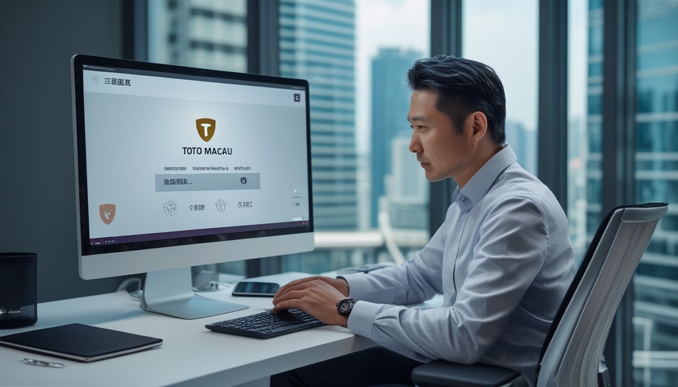 Seorang pria Asia duduk di meja kantor modern, fokus melihat layar komputer yang menampilkan situs judi online Toto Macau dengan simbol keamanan, di latar belakang pemandangan kota.