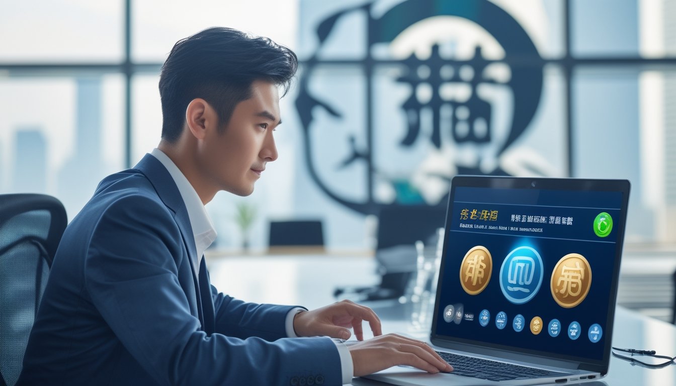 Seorang pria Asia duduk di meja kerja modern dengan laptop, fokus pada layar yang menampilkan platform taruhan online yang aman, dengan latar belakang kota Macau.