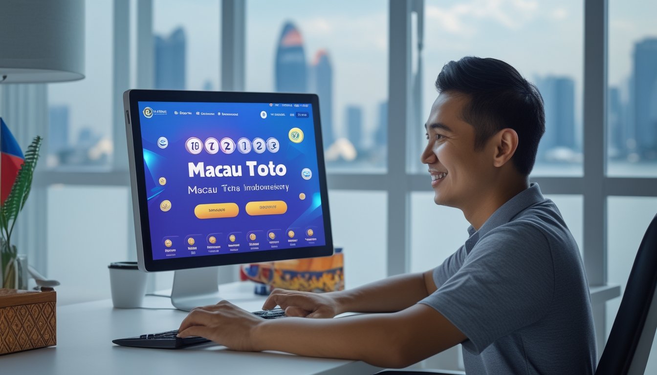 Seorang pria muda Indonesia sedang menggunakan laptop di meja kerja dengan latar belakang kota Macau yang samar.