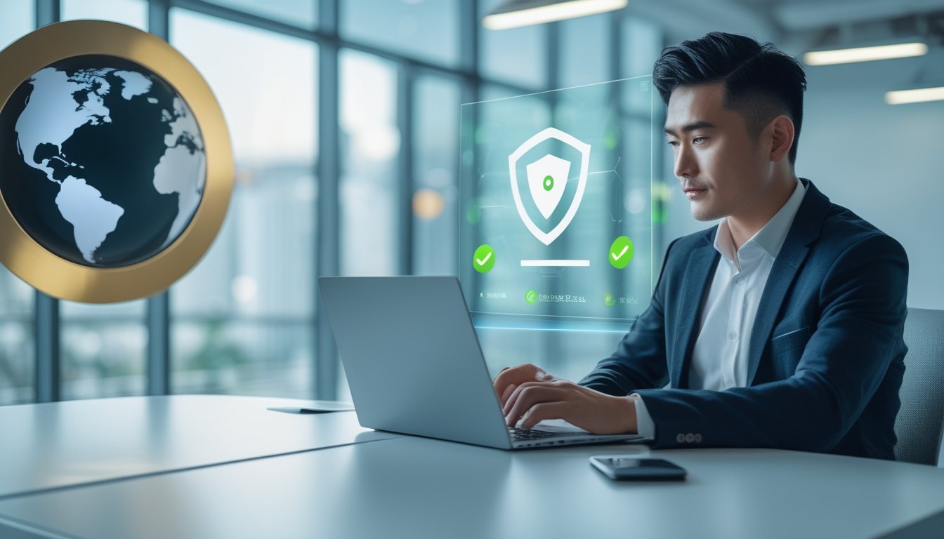 Seorang pria Asia Tenggara menggunakan laptop di kantor modern, dengan simbol keamanan digital dan latar belakang yang menunjukkan koneksi antara Indonesia dan Macau.