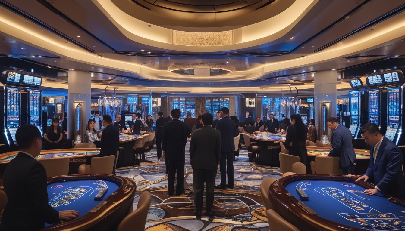 Suasana kasino mewah di Macau dengan orang-orang bermain permainan judi dan sistem keamanan canggih terlihat di latar belakang.