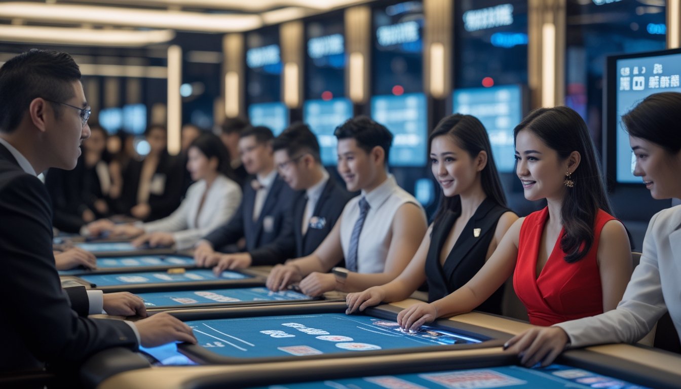 Suasana kasino modern dengan pemain yang sedang bermain di meja taruhan Bandar Toto Macau, menampilkan teknologi keamanan tinggi dan pemandangan kota Macau di latar belakang.