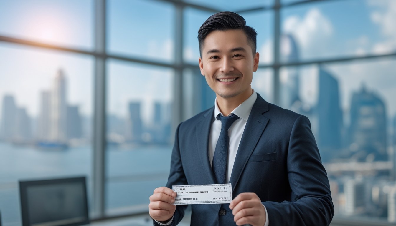 Seorang pria percaya diri di kantor modern memegang tiket kemenangan atau cek, dengan latar belakang kota Macau yang samar.