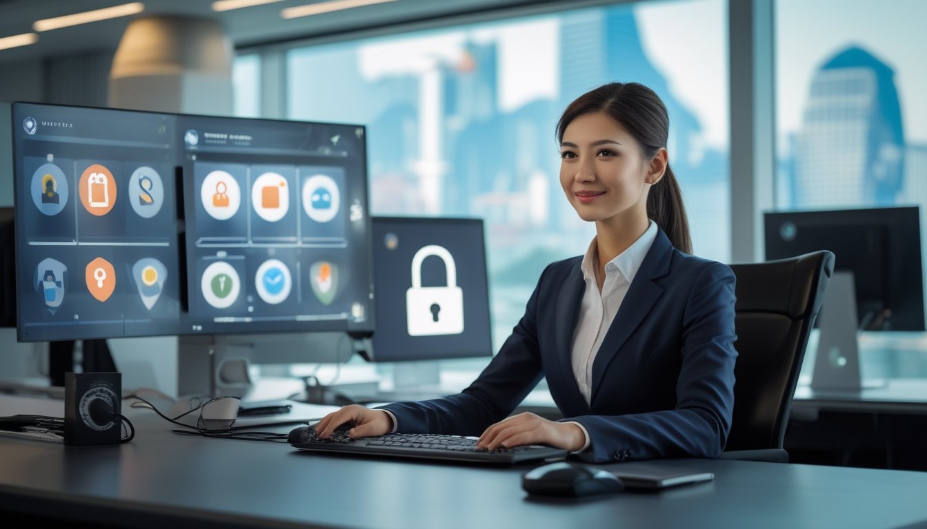 Seorang agen layanan pelanggan profesional duduk di meja kantor modern dengan beberapa layar komputer yang menampilkan simbol keamanan digital, latar belakang kota Macau yang samar.