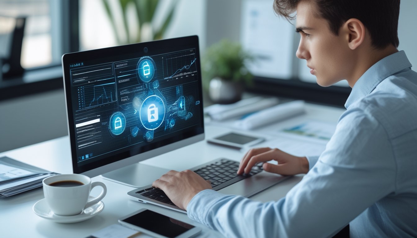 Seseorang sedang duduk di meja kerja menggunakan laptop untuk memeriksa informasi secara online.